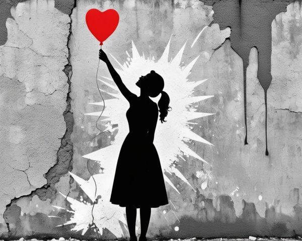 Silhouetted Girl with Heart-Shaped Balloon Against Wall