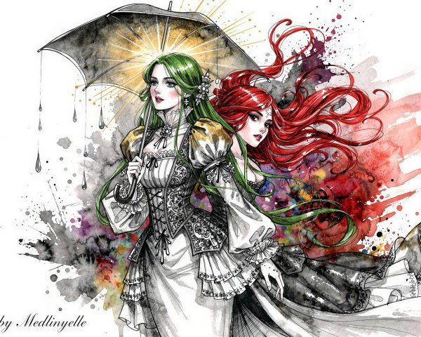 Watercolor Painting of Stylish Women with Umbrella