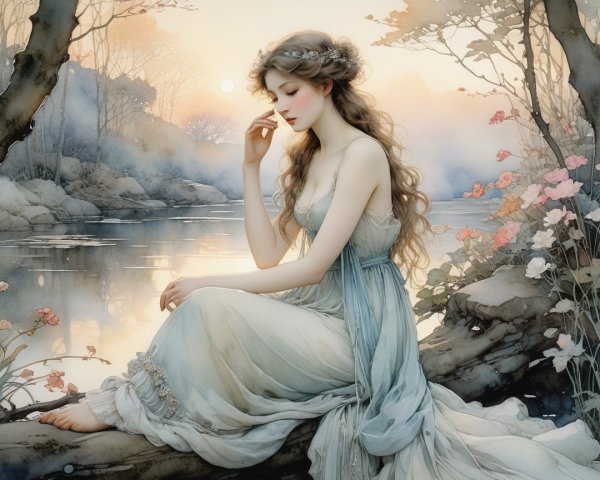 Graceful Woman by Tranquil Waterway at Dawn
