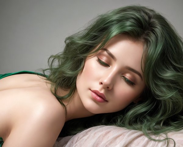 Portrait of a Young Woman with Green Hair and Calm Expression