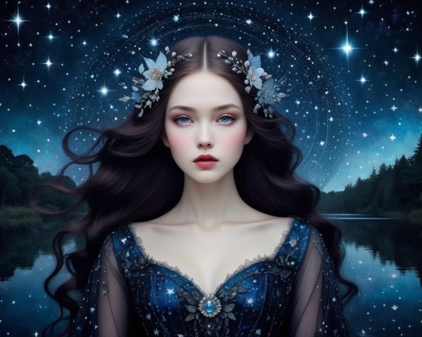 Young woman in blue gown by starlit lake