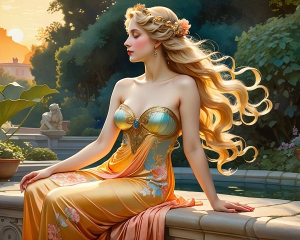 Elegant Woman in Floral Gown Overlooking Garden