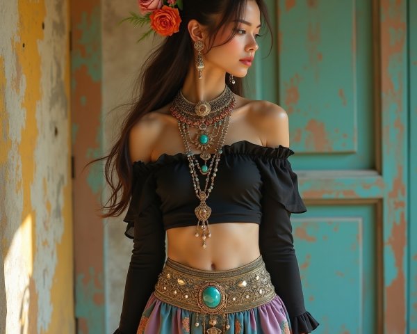 East Asian Woman in Floral Crown and Stylish Outfit