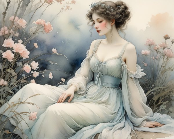 Serene Woman in Pale Blue Gown Among Pink Flowers