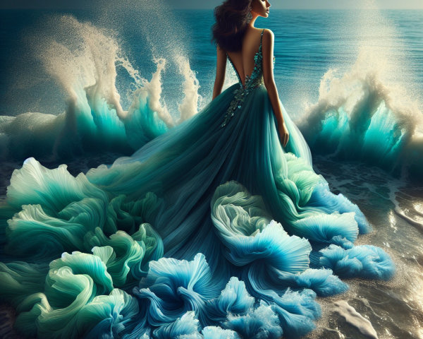 Figure in Flowing Blue Gown by Serene Seashore