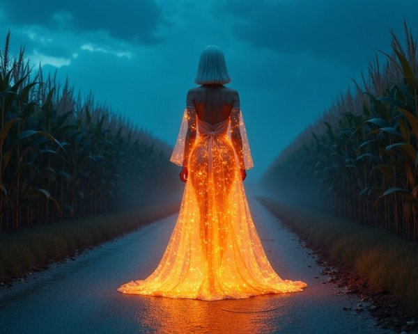 Mystical Figure in Foggy Cornfield with Shimmering Gown