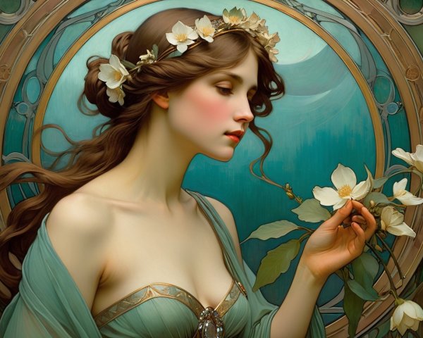 Serene Woman with Floral Crown and Flower in Hand