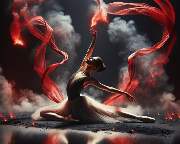 Ballet Dancer Posing with Red Ribbons on Stage