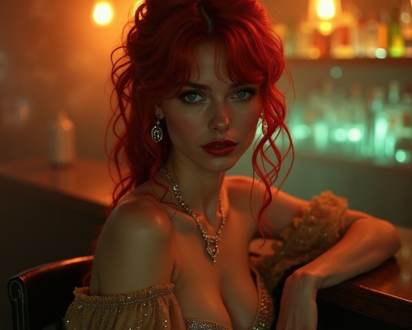 Striking Woman with Red Hair at Dimly Lit Bar