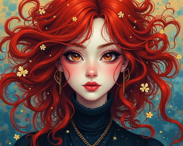 Young woman with red curly hair and floral accents