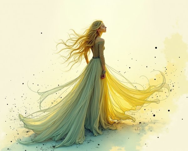 Majestic figure in ethereal gown with soft hues