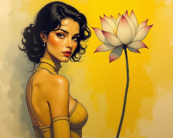Confident Woman in Yellow with Lotus Flower Background