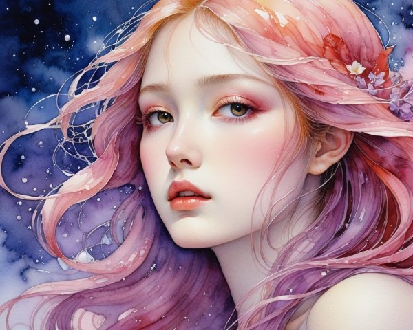 Close-Up Watercolor of Young Woman with Floral Hair