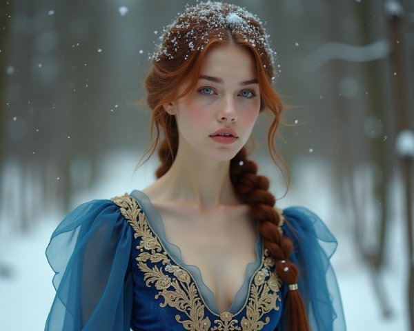 Young Woman in Blue Gown in Winter Forest Scene