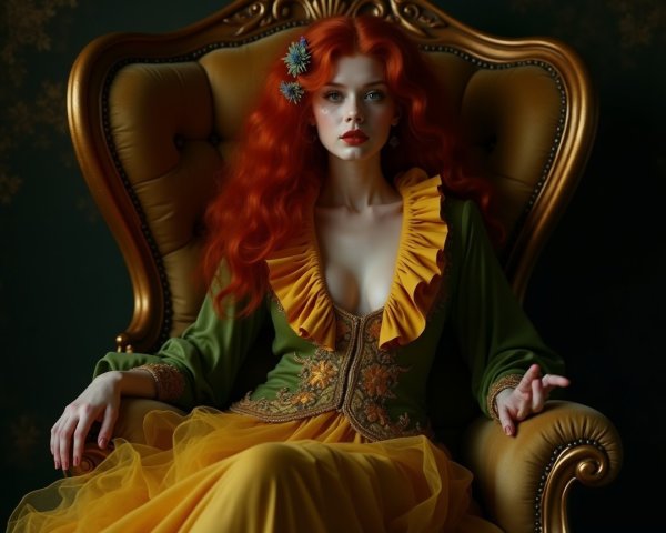 Woman in Green Dress Sitting in Golden Chair