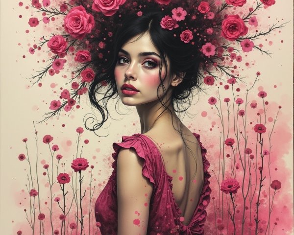 Young Woman in Pink Dress with Floral Headdress