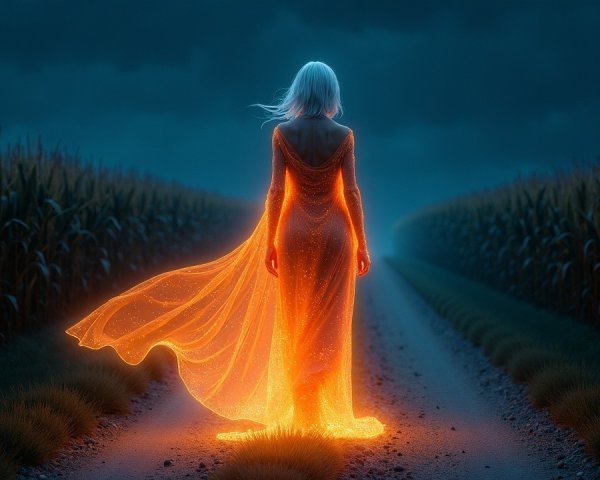 Figure in Glowing Orange Gown at Cornfield Edge