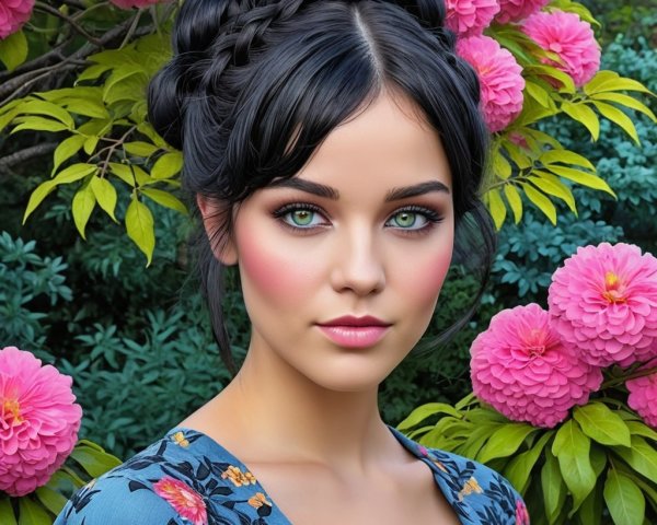 Young Woman in Blue Dress Surrounded by Pink Flowers