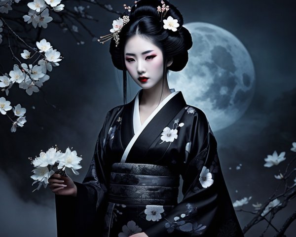 Serene Figure in Black Kimono Under Full Moon