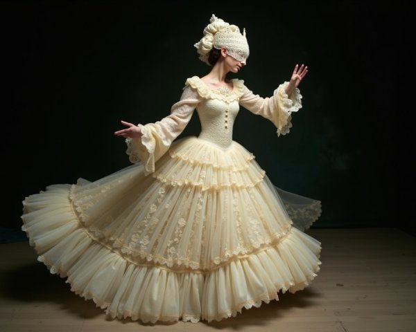 Vintage-Inspired Gown with Lace and Ruffled Sleeves