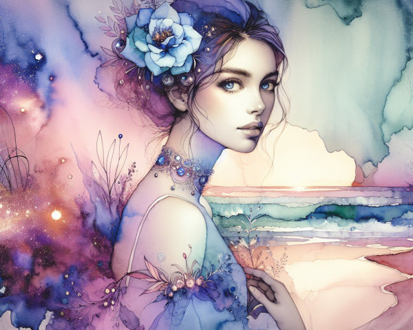 Ethereal Woman with Flowing Hair and Floral Elements