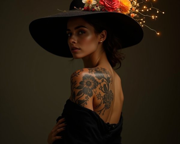 Elegant Woman in Black Hat with Floral Tattoo