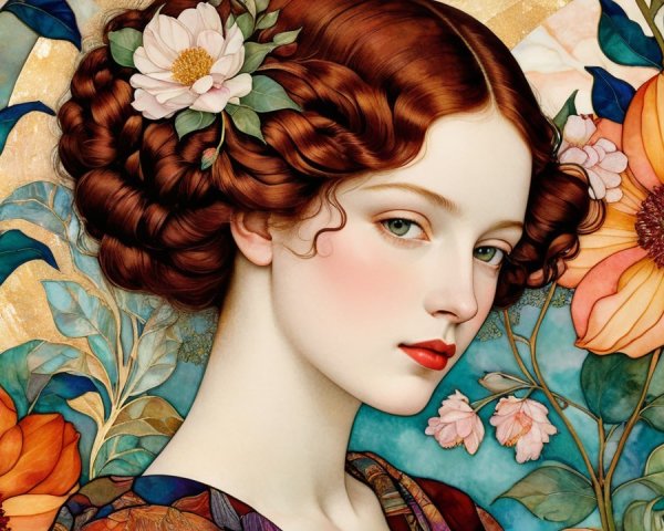 Serene Woman with Auburn Hair and Blooming Flora