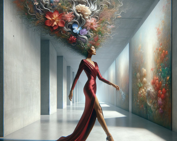 Elegant figure in red gown within floral corridor