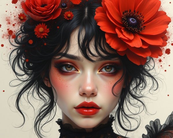 Portrait of a Young Woman with Bold Makeup and Flowers