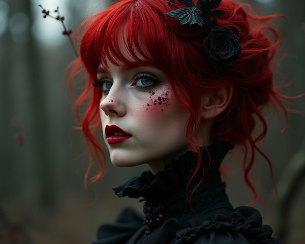 Portrait of a Young Woman with Red Hair and Black Roses