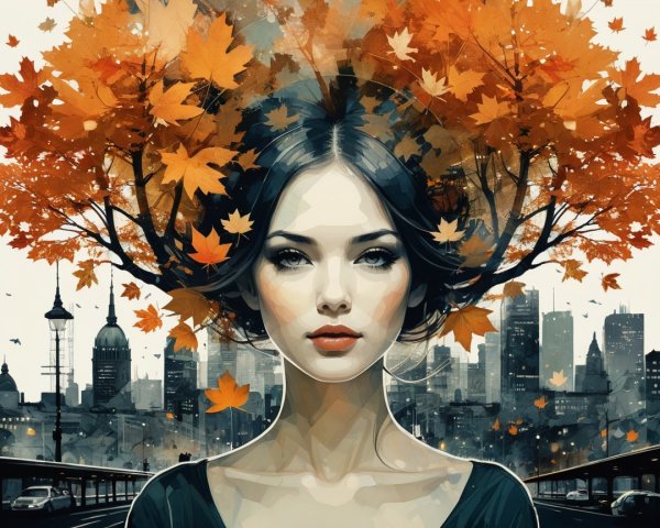 Woman with Autumn Leaves Against City Skyline