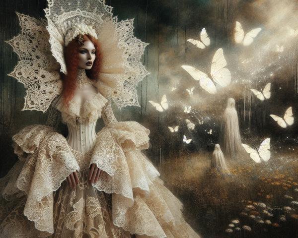 Ornate gown with striking figure and ethereal backdrop