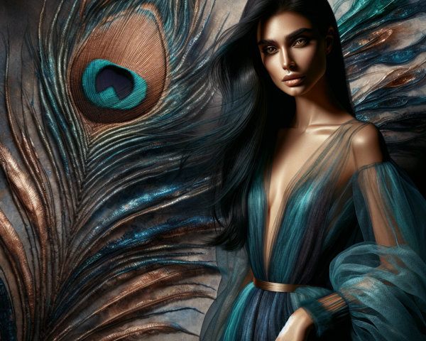 Woman in Translucent Dress Against Peacock Feather Art