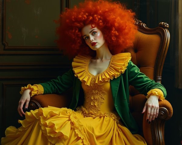 Young woman in vintage armchair with vibrant attire