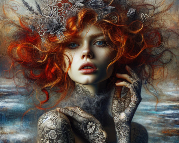 Portrait of a woman with red hair and tattoos