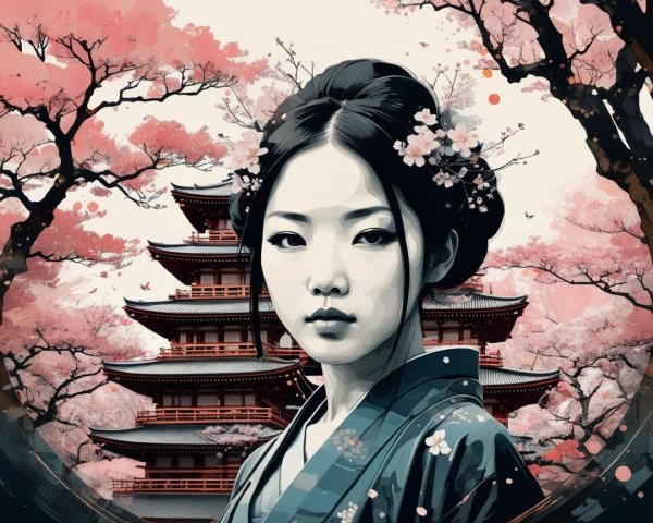 Young Woman in Traditional Attire Amid Cherry Blossoms