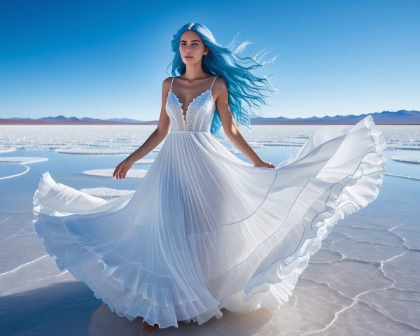 Young woman in white dress on shimmering salt flat