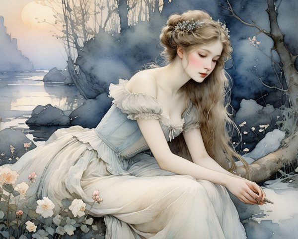 Serene Woman in Blue Gown by Tranquil Water and Flowers
