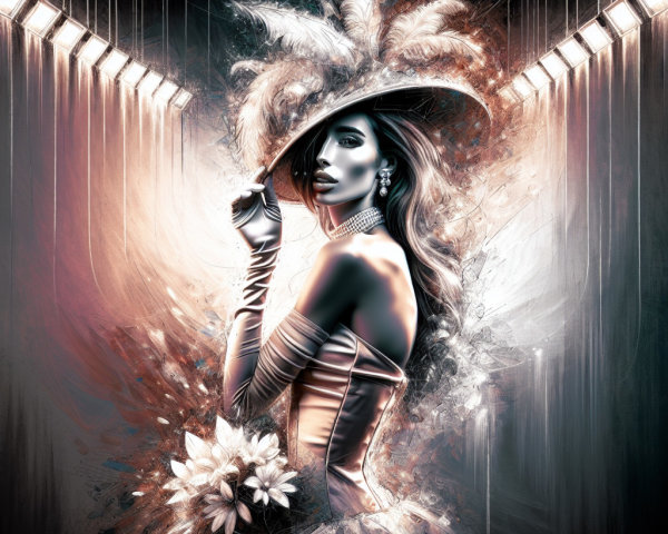 Elegant Woman in Glamorous Gown with Dramatic Backdrop
