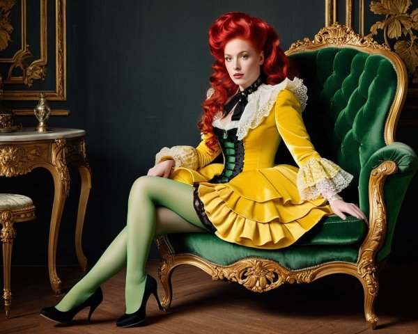 Woman in yellow dress on ornate green velvet chair