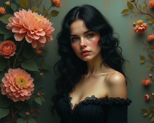 Portrait of a Young Woman Surrounded by Flowers