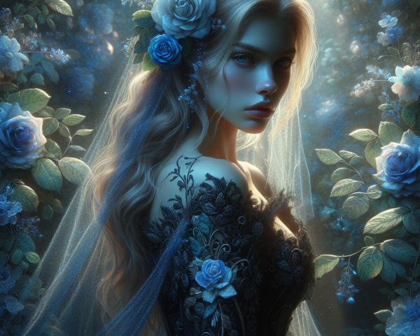 Woman with Blonde Hair Surrounded by Floral Backdrop