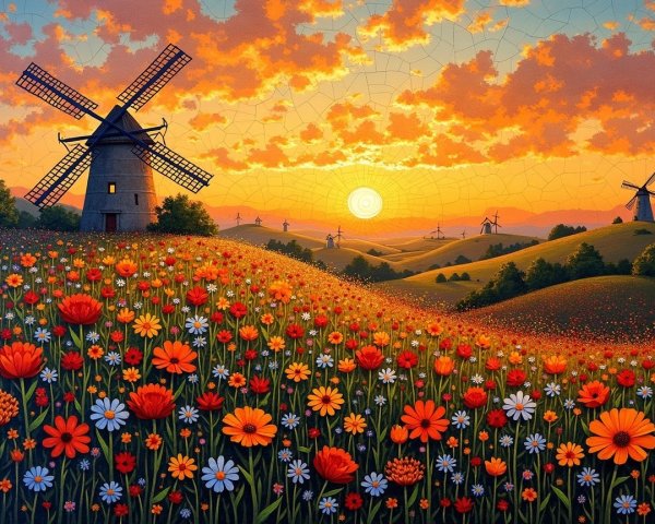 Vibrant Landscape with Colorful Flowers and Windmills
