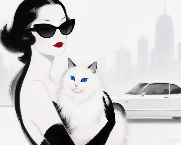 Stylish woman with cat and classic car in cityscape