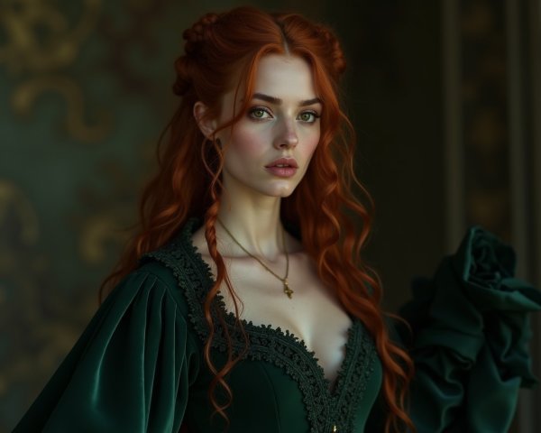 Elegant Woman in Green Gown with Red Hair and Lace