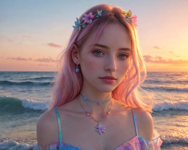 Serene beach scene with young woman at sunset