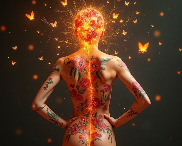 Tattooed Woman Surrounded by Light and Butterflies