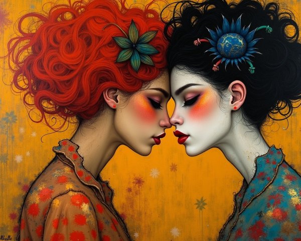 Contrasting Hairstyles of Two Women with Floral Background