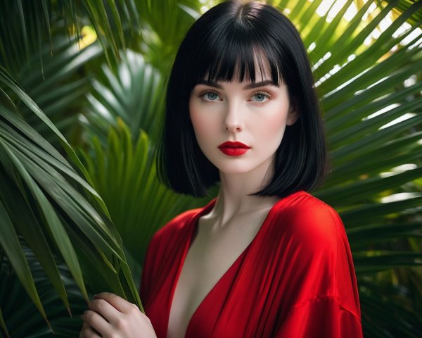 Portrait of a woman with black hair and blue eyes