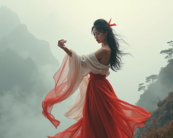 Graceful figure in flowing white and red on mountainside
